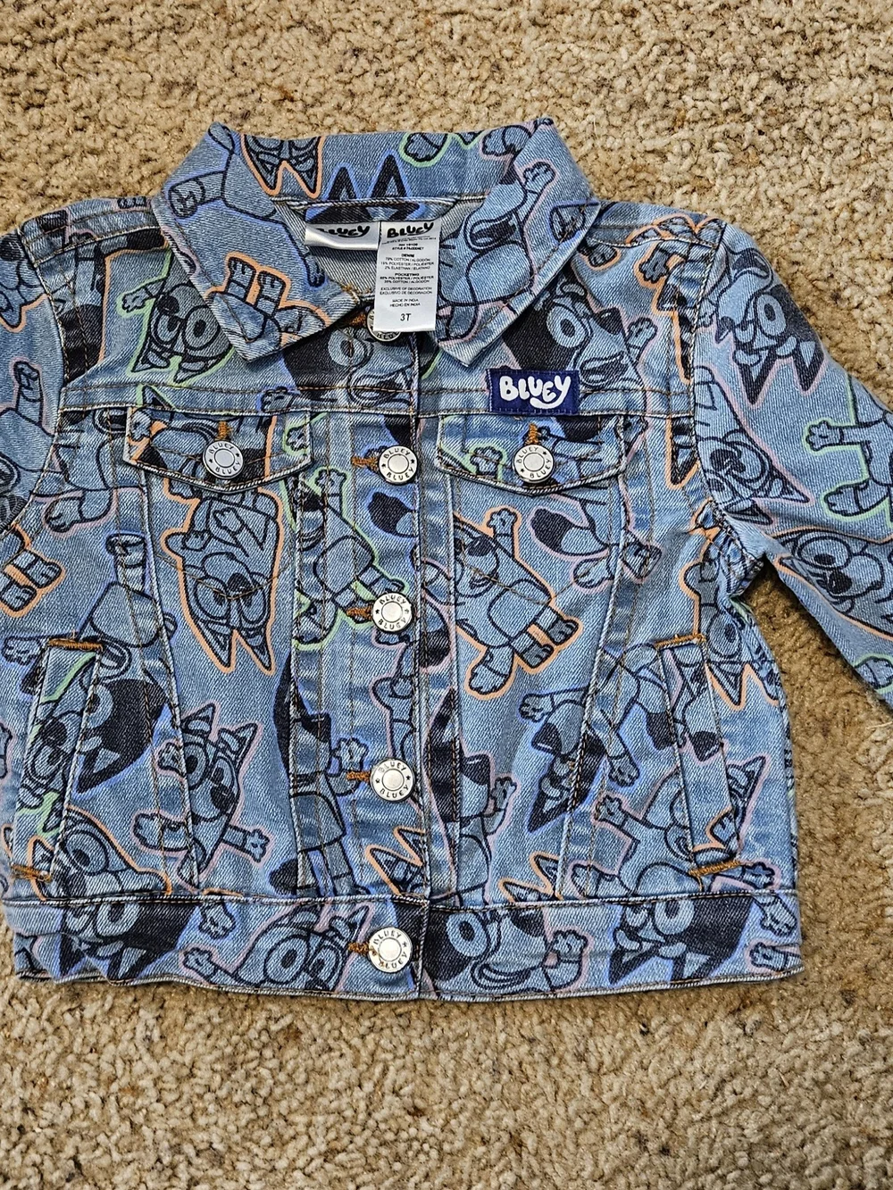 Bluey Toddler Blue Denim Jacket with All-Over Character Print - Bluey Size 3T